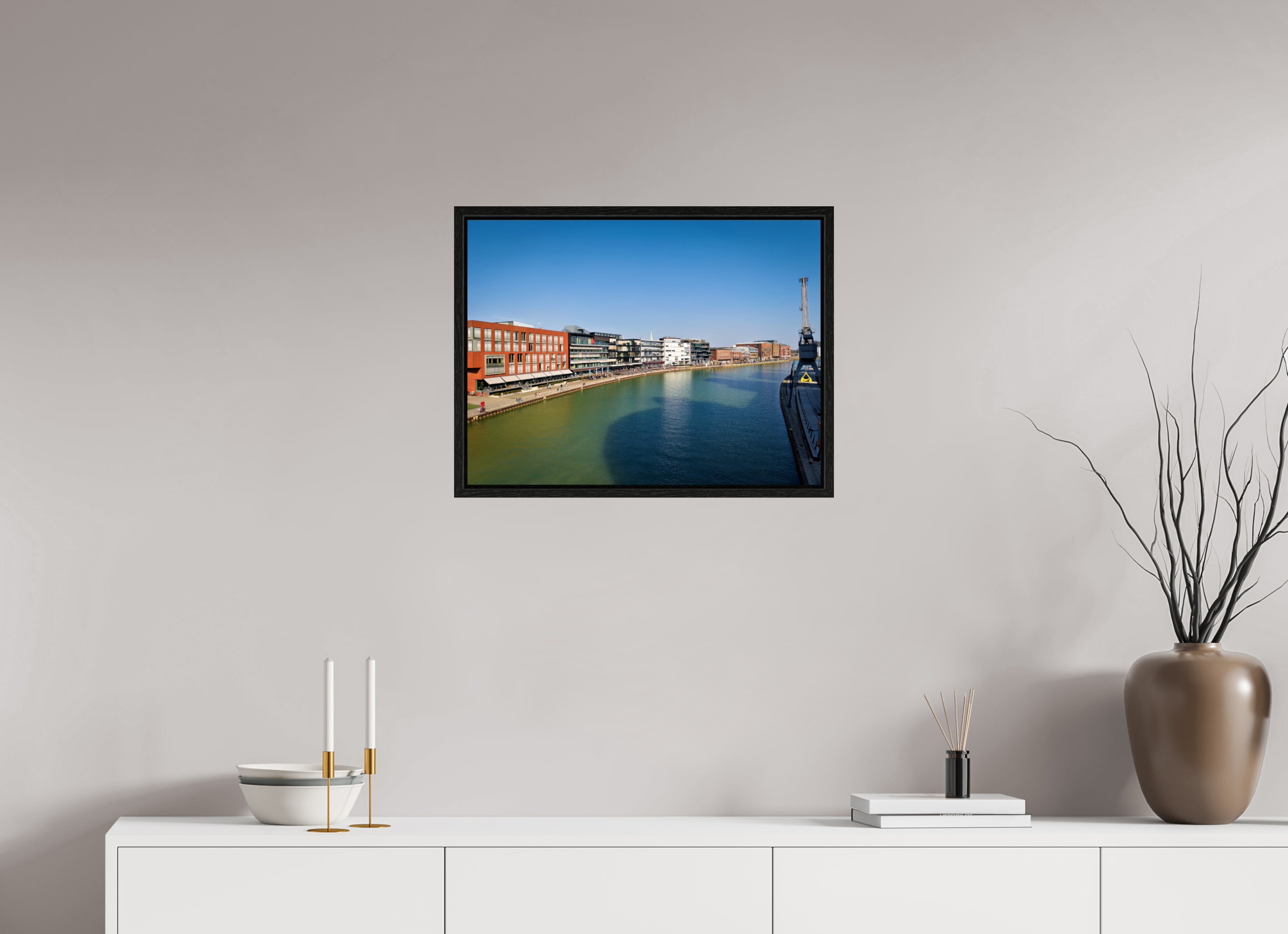 60 x 45 cm, Floater Frame Münster Hafen – Ruhe zwischen Stahl und Wasser
