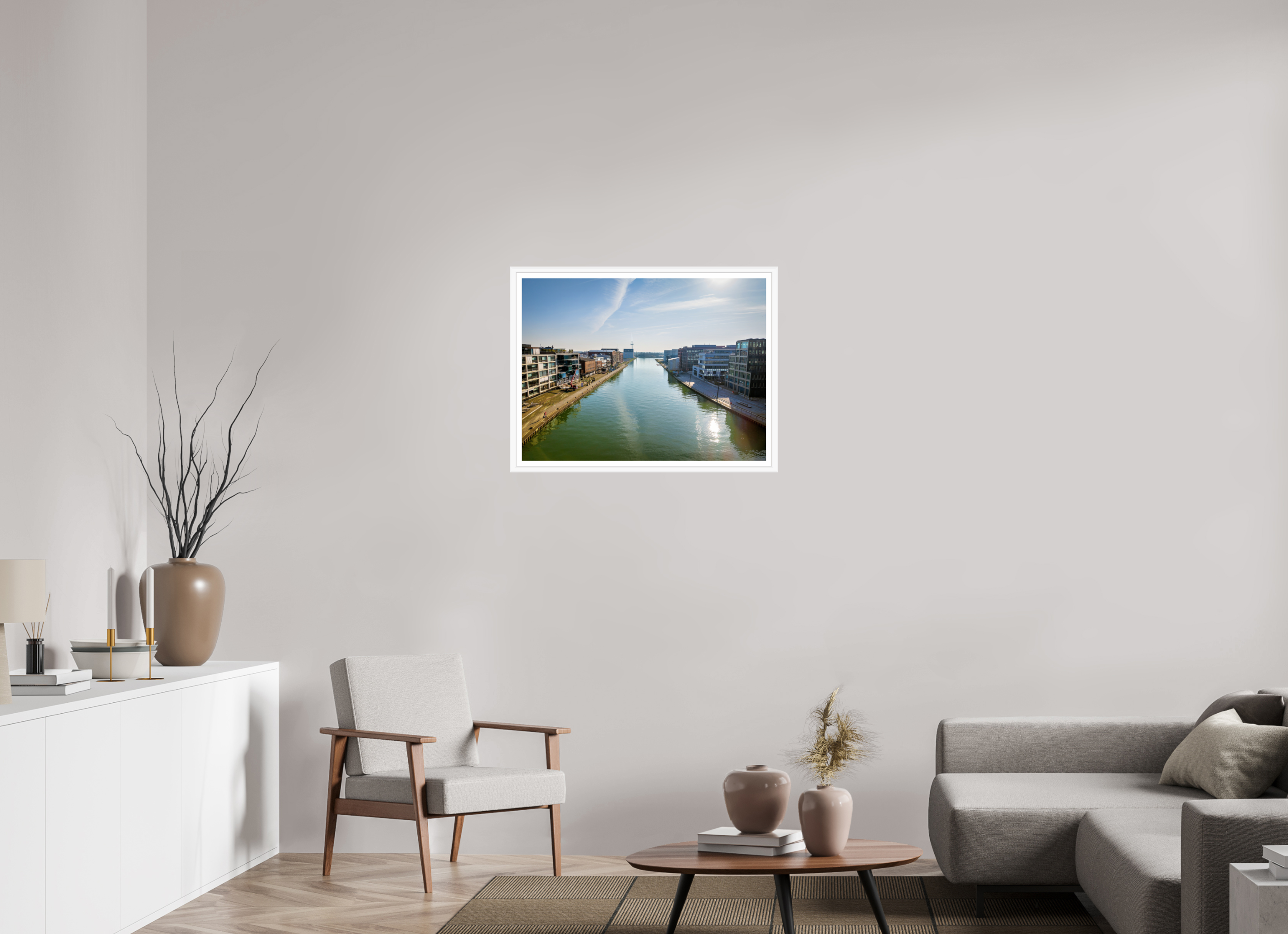 80 x 60 cm, Bern weiß und Rand Münster Hafen – Ruhe zwischen Stahl und Wasser