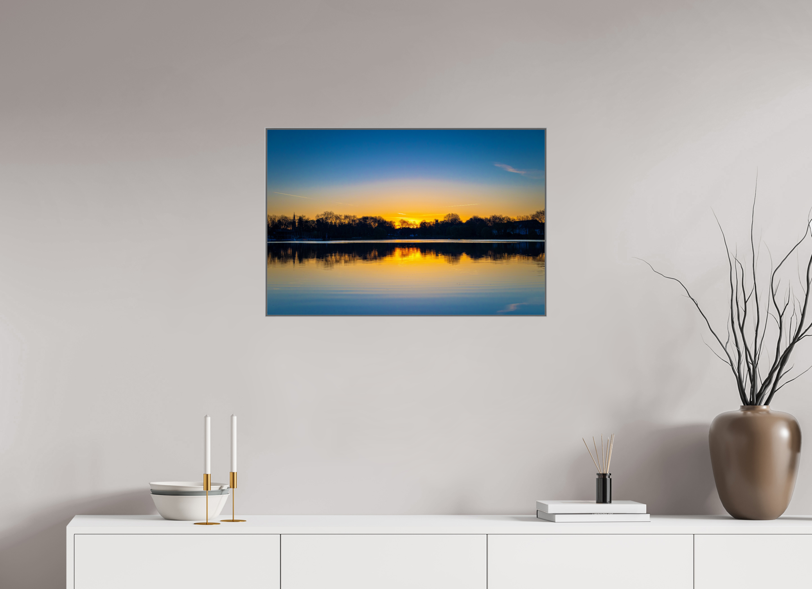 75 x 50 cm, Alurahmen 25mm Der Aasee bei Sonnenaufgang