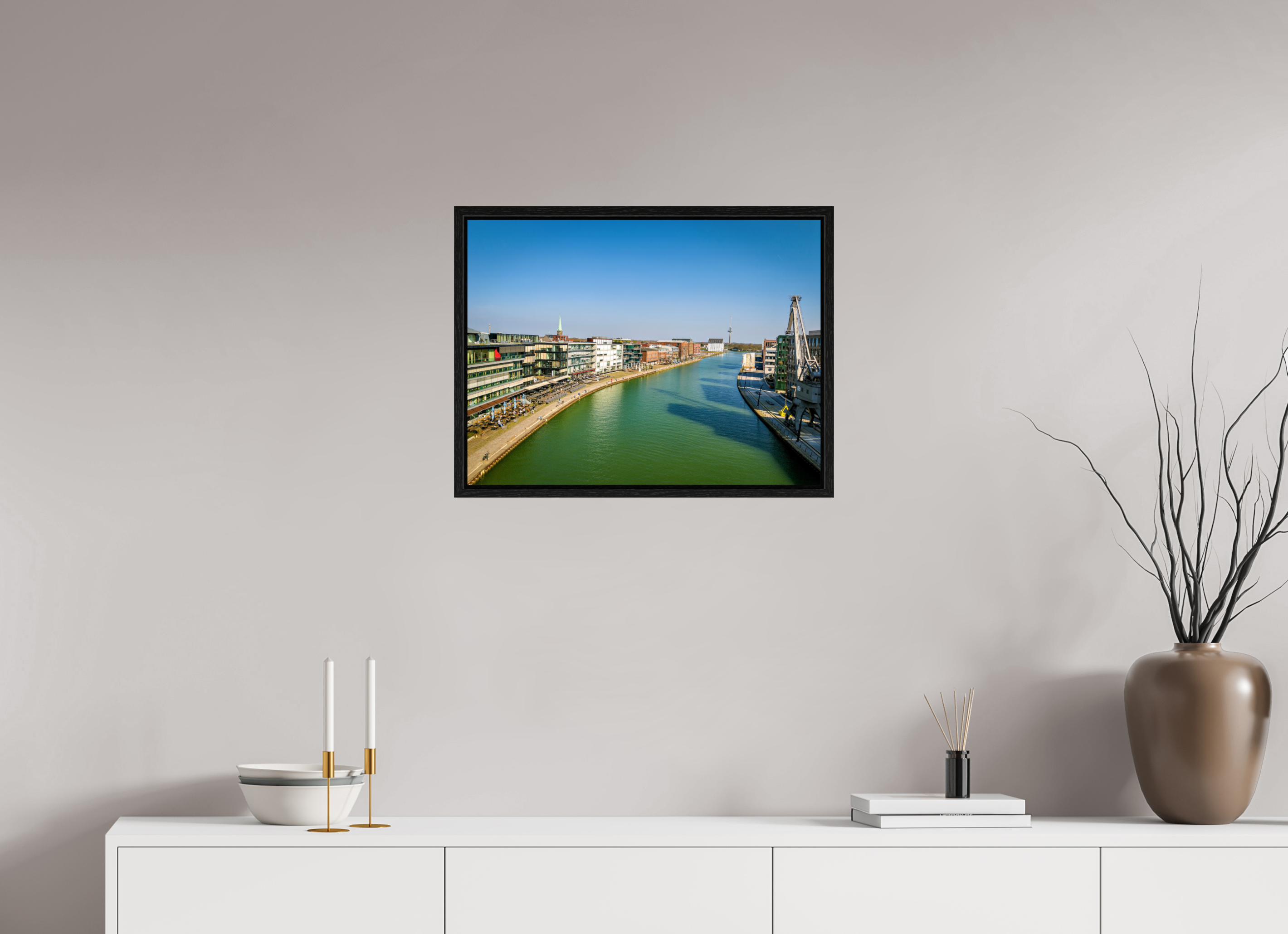 60 x 45 cm, Floater Frame Münster Hafen – Ruhe zwischen Stahl und Wasser