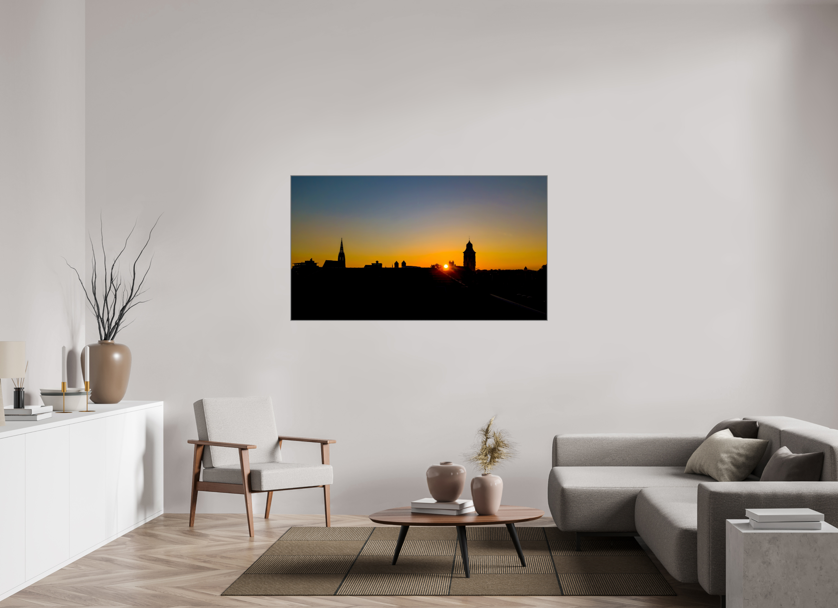 160 x 90 cm, Alurahmen 25mm Skyline / Sonnenuntergang