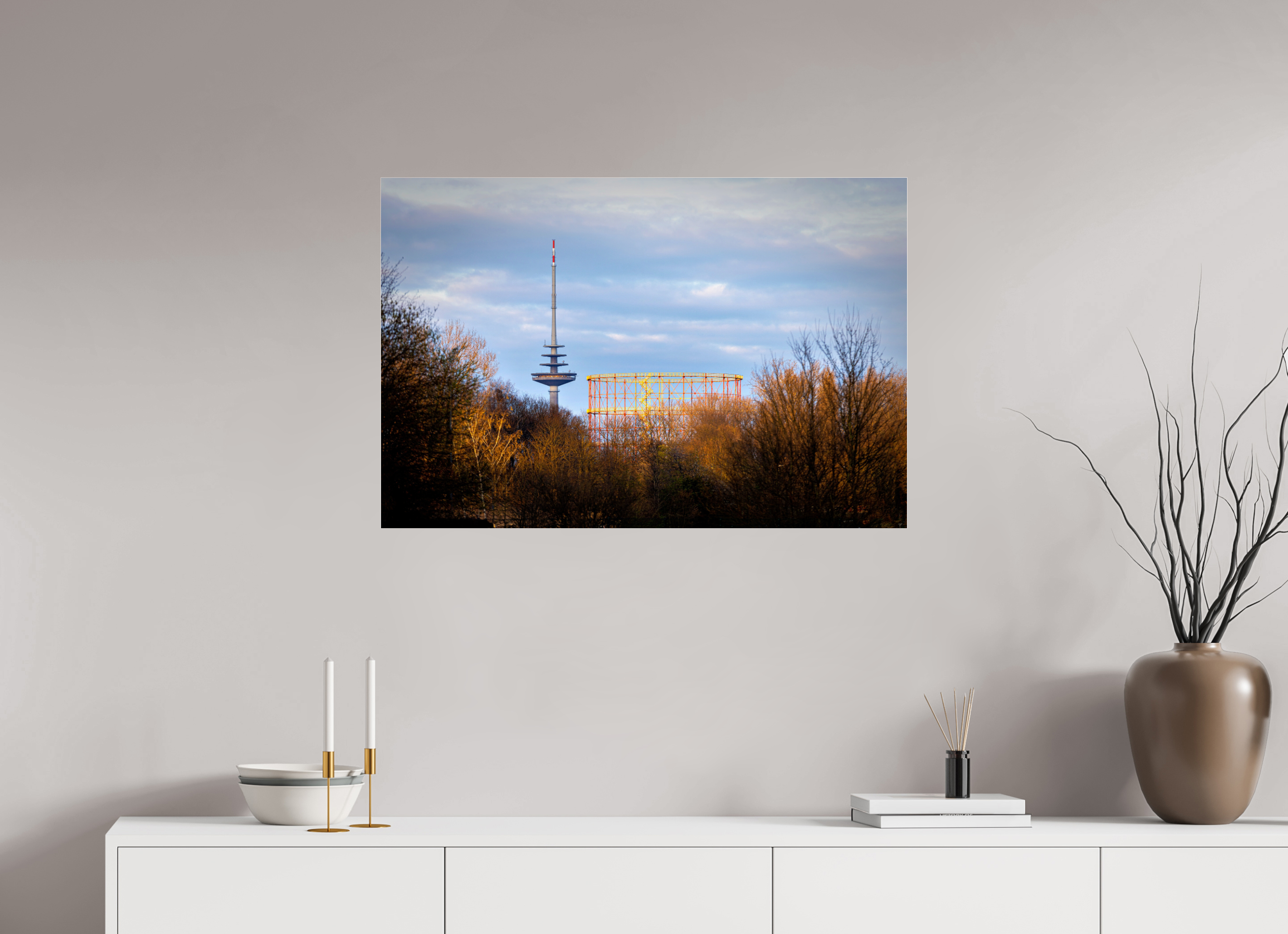 90 x 60 cm, Photo Print Under Acrylic Glass Fernsehturm und Gasometer