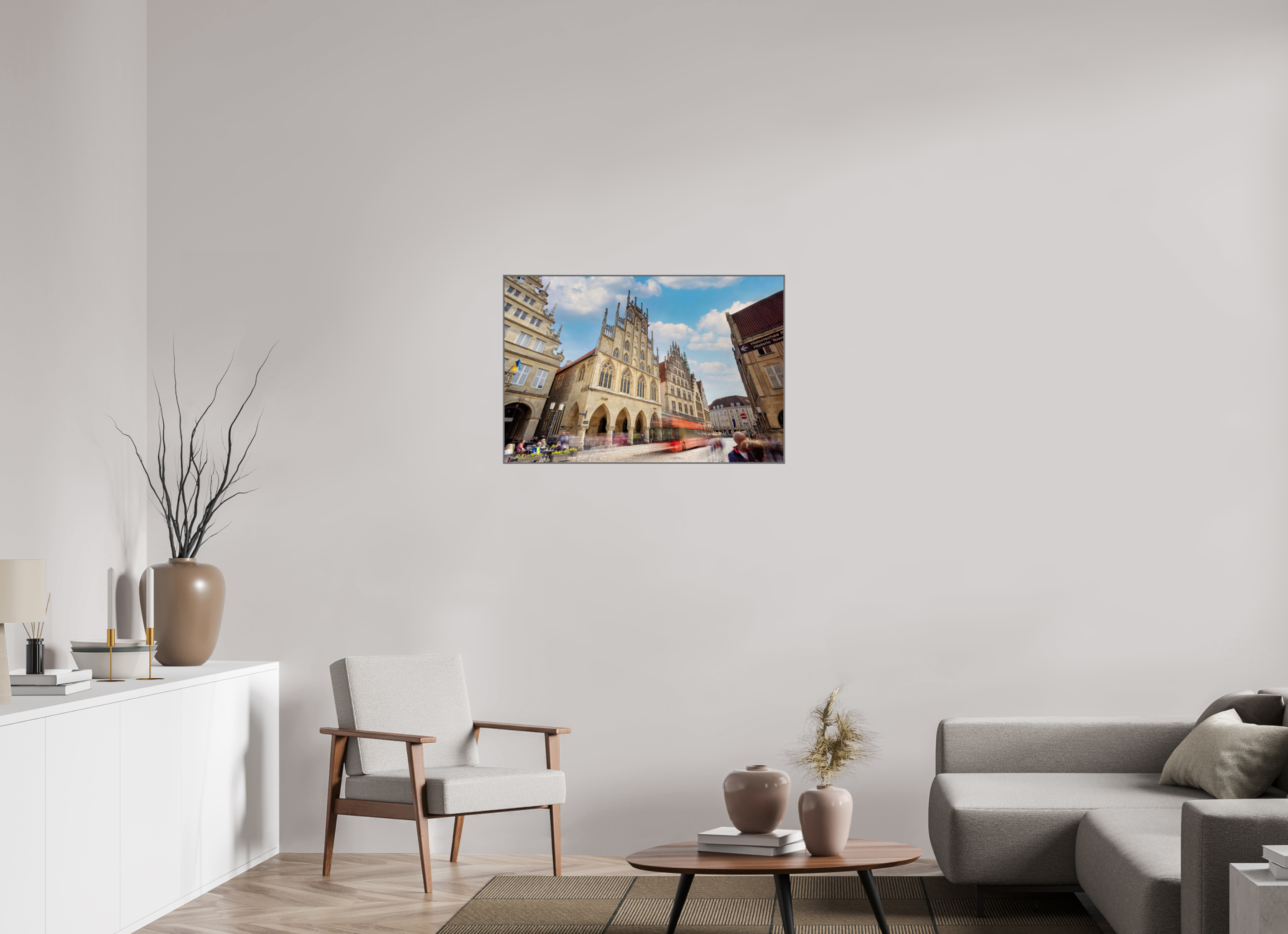90 x 60 cm, Alurahmen 25mm Rathaus und Bus