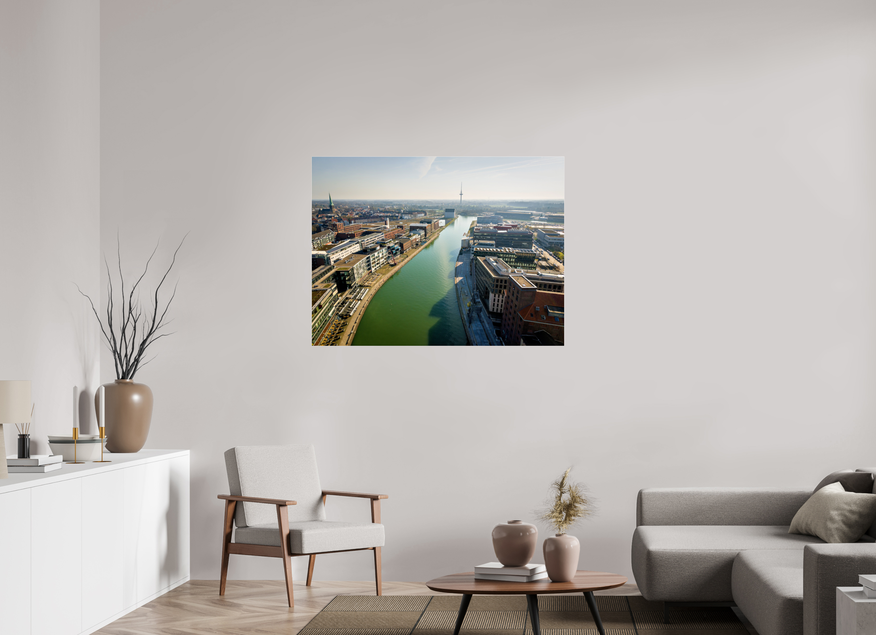 120 x 90 cm, Photo Print Under Acrylic Glass Münster Hafen – Ruhe zwischen Stahl und Wasser