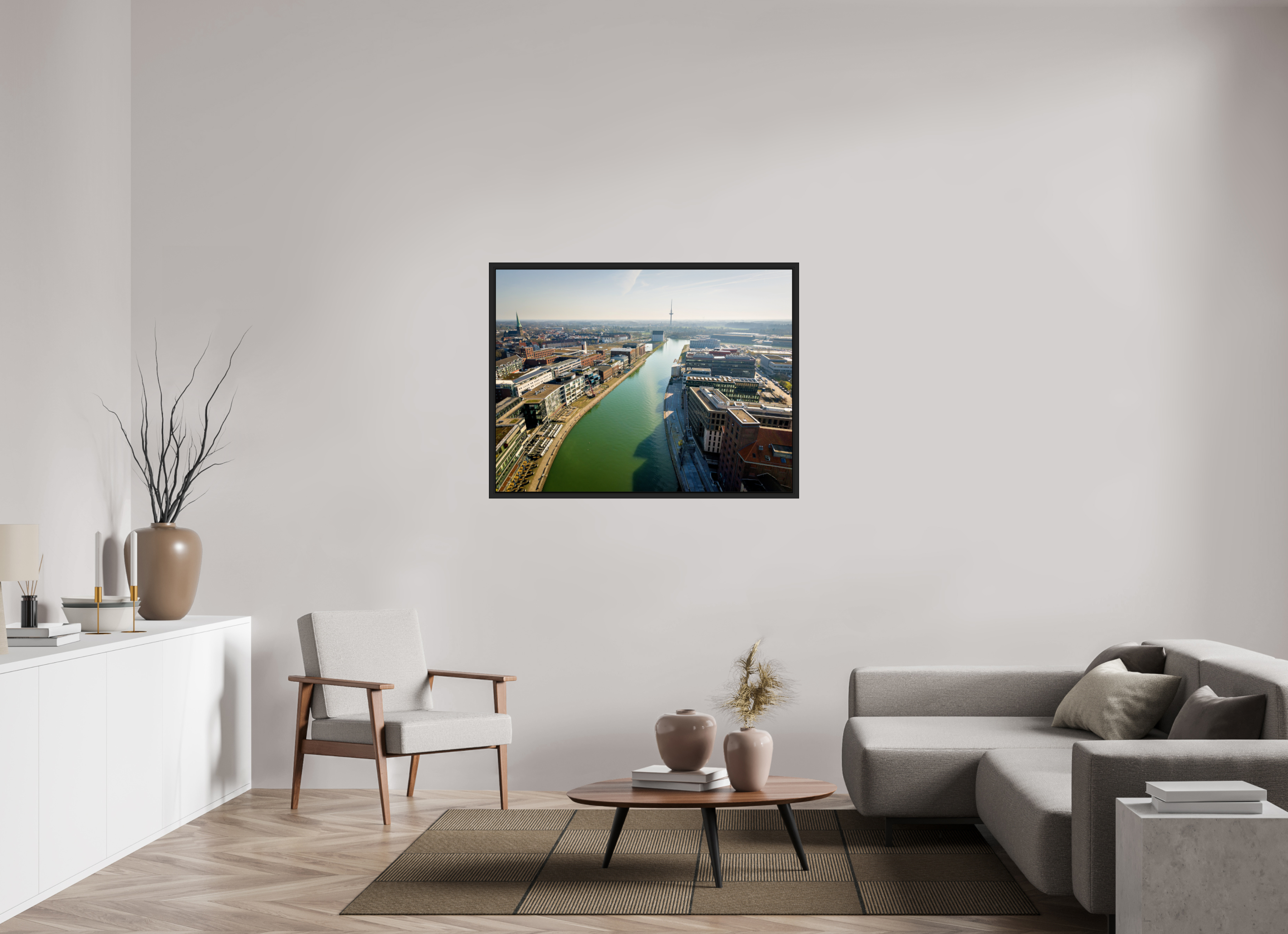 120 x 90 cm, Tokyo 20mm Schattenfuge 4mm Münster Hafen – Ruhe zwischen Stahl und Wasser